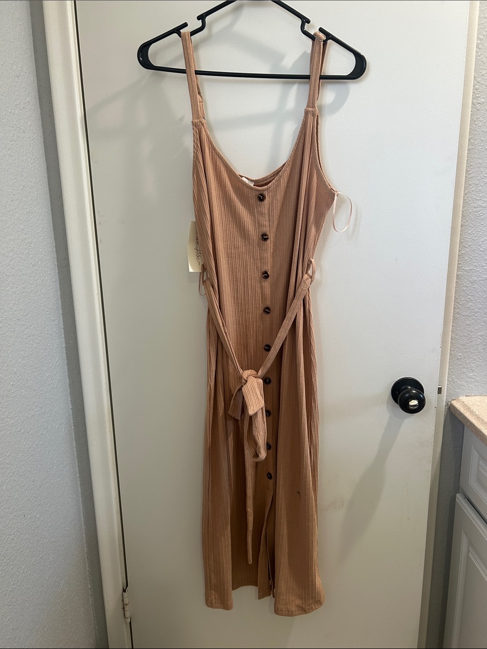 Sleeveless Button-Front Midi Dress with Self-Tie Belt in Blush